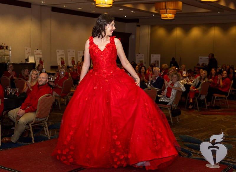 Amy Deike wearing a red gown at the 2023 Go Red for Women event in Des Moines, Iowa. (Photo courtesy of Amy Deike)